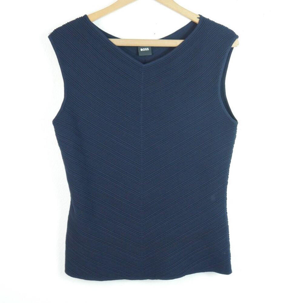 BOSS Fatini Ribbed Sleeveless Top Size Large Navy Blue Career Minimal Luxury